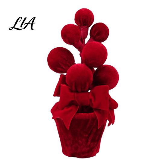 Holiday Table Plants Velvet Christmas Ball Potted Plants, Mini Tree with Artificial Pine, Desktop Red Berry, Fabric Bow, Tabletop Centerpiece for Xmas