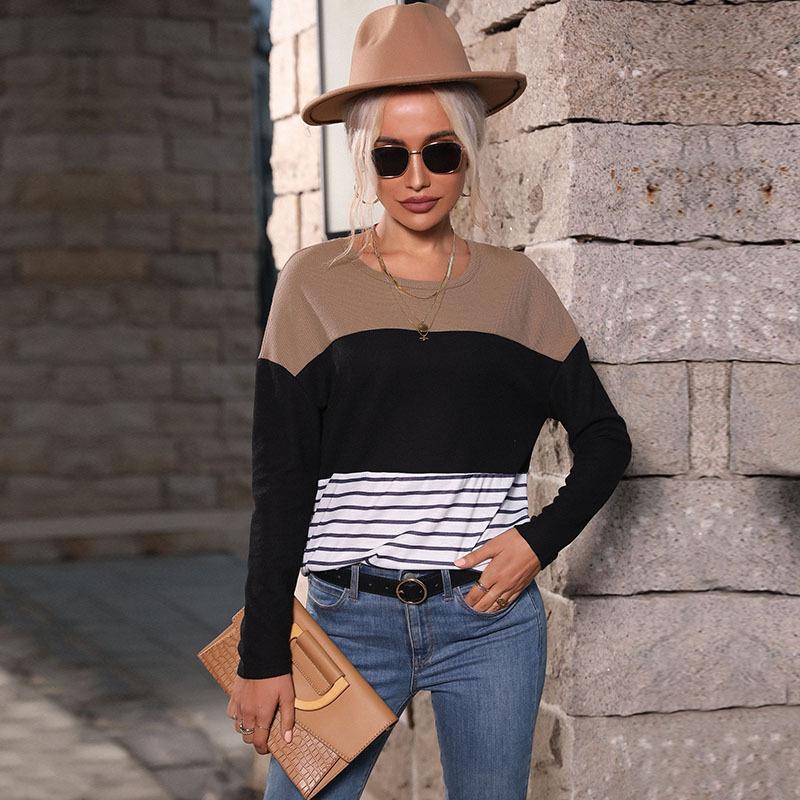 Woman Clothing Fashion Casual Tops Shirts Fashionable and Casual Temperament Women's Long-sleeved Splicing Loose Striped Knit Sweater