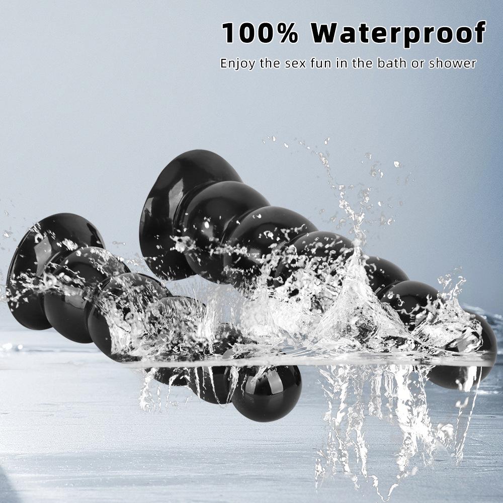 Six Beads Black Tower Suction Cup Anal Plug - Large Soft Pull Bead Dilator for Men and Women