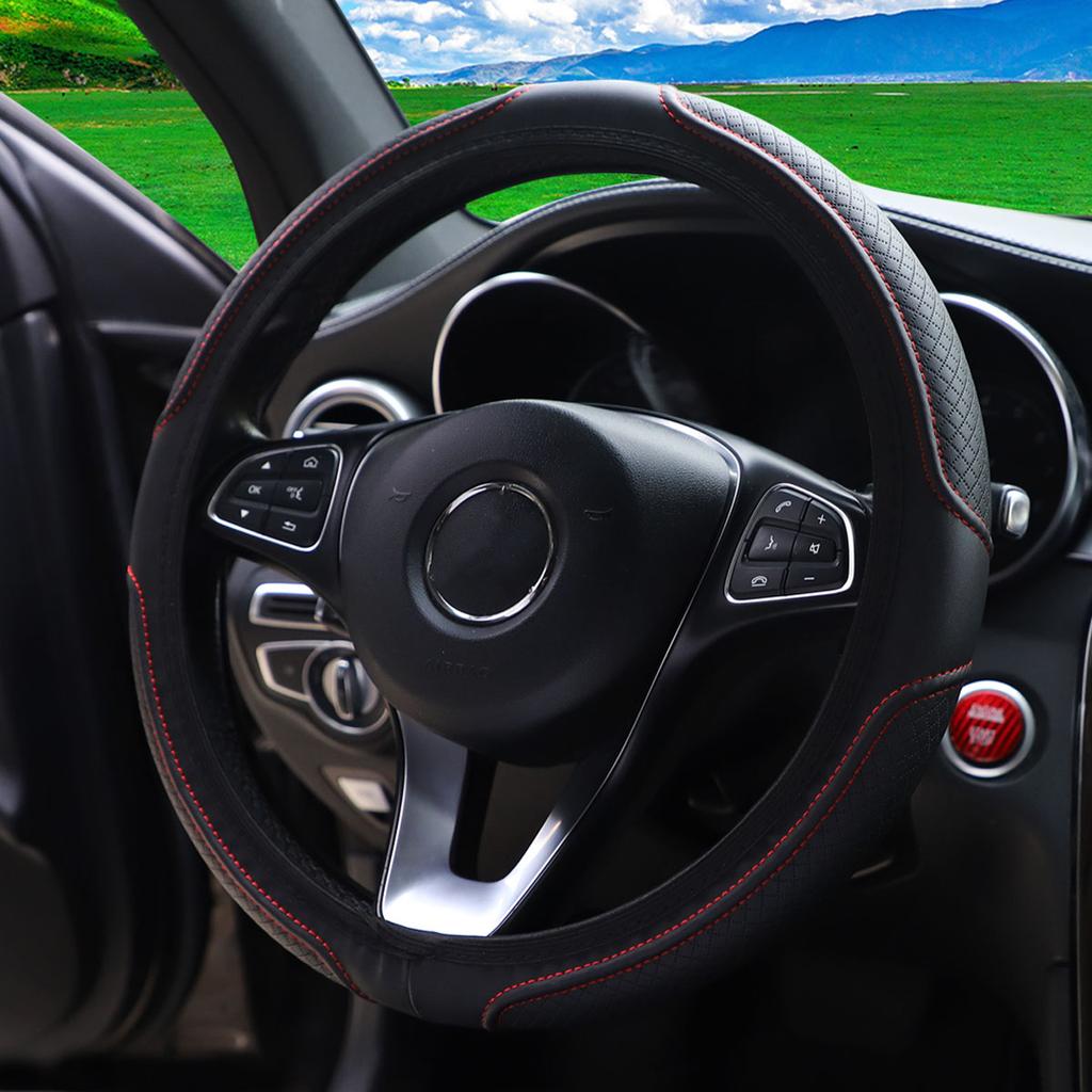 1 Plaid PU Embossed Leather Automotive Supplies Steering Wheel Cover Without Inner Ring Fits 14.5-15 Inches