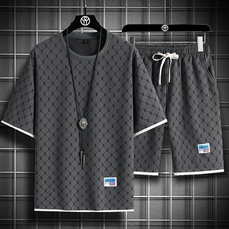 

Мужские вафельные летние комплекты, повседневная футболка + шорты, мужской спортивный костюм, однотонный спортивный костюм, свободные костюмы XXXL серый