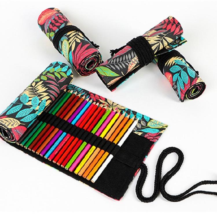 12/24/36/48/72 Holes Leaves Print Pencil Organizer Bag Canvas Pencil Wrap Pencil Roll Bag Pencil Storage Bag