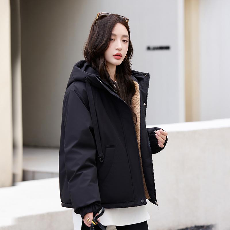 סתיו חורף מעיל פארקה חם מעובה נשים קז'ואל מתוק צבע אחיד כיס גדול מעיל רופף עם קפוצ'ון ז'קטים הלבשה עליונה