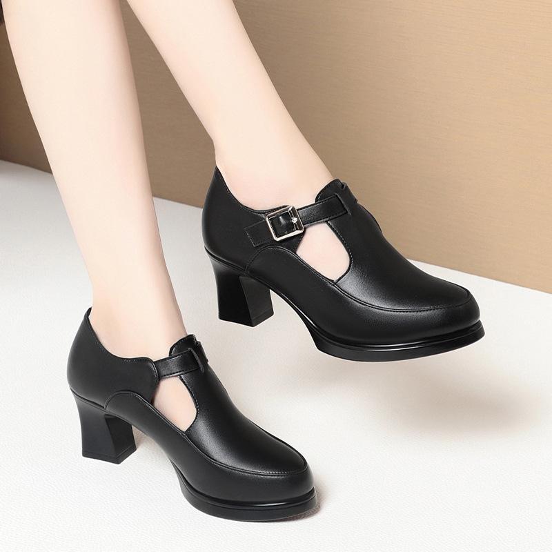 

6 см Дышащие Удобные Т-образные Туфли из Мягкой Кожи Женские Туфли-Лодочки Весна 2025 Средний Блочный Каблук Обувь для Офисной Работы Танцев Мама 41