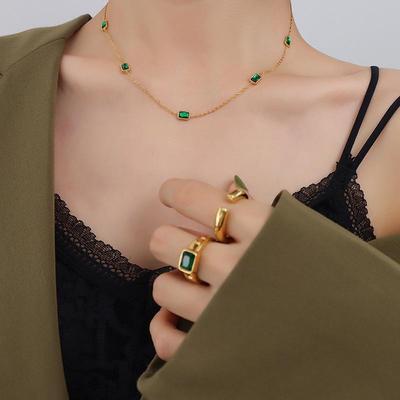 18K Gold-Plated Square Emerald Zircon Clavicle Necklace