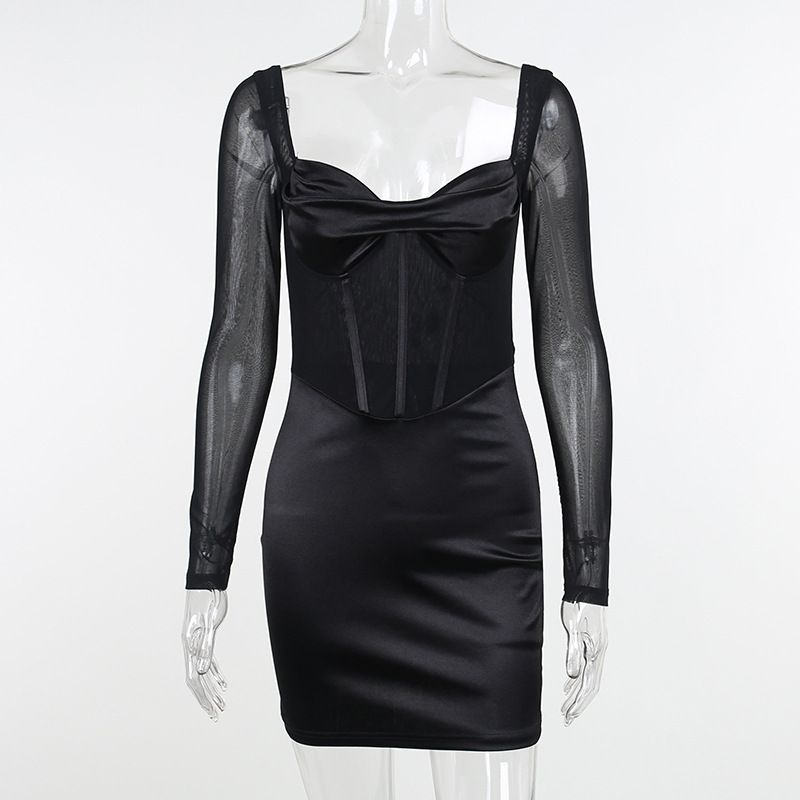 

Sexy Waist Trimming Low-Collar Sheath Dress Black L