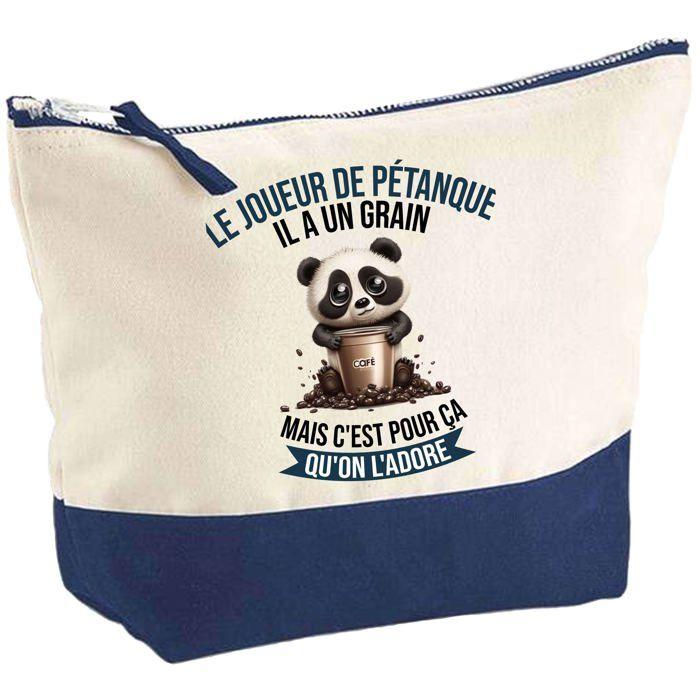 Pochette fond bleu Le Joueur de Pétanque Panda Grain - Cadeau Original - Anniversaire Trousse Maquillage Grand Format