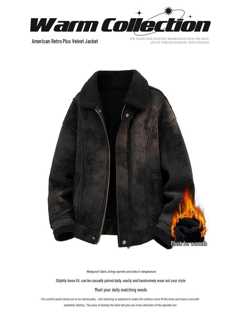 Men's 2025 Winter Warm Lambswool Jacket - Thick, Solid Color, Loose Fit