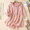 T-shirt Ricamata Jacquard in Cotone e Lino a Maniche Corte da Donna Estiva Sottile Traspirante con Cappuccio Taglia Larga Camicia in Lino