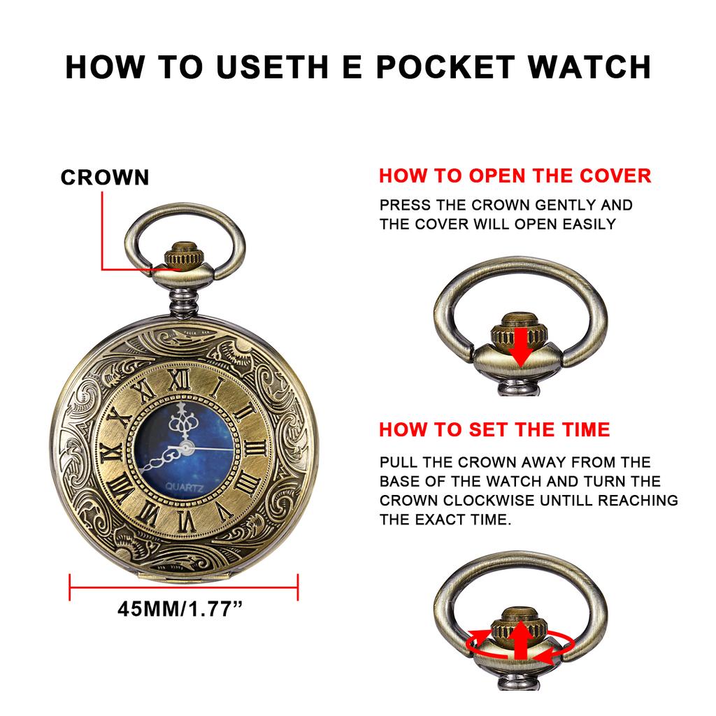 Pocket Watch Hollow Blue Starry Design Roman Numerals Vintage Quartz Pocket Watch with Chain Men's Pocket Watch