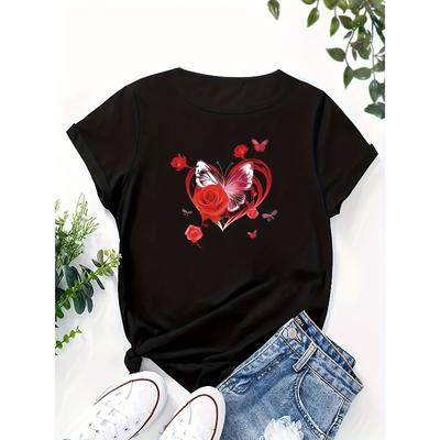 Womens Plus Size Heart Print T Shirt European American Style Crew Neck Short Sleeve Machine Washable Casual Top