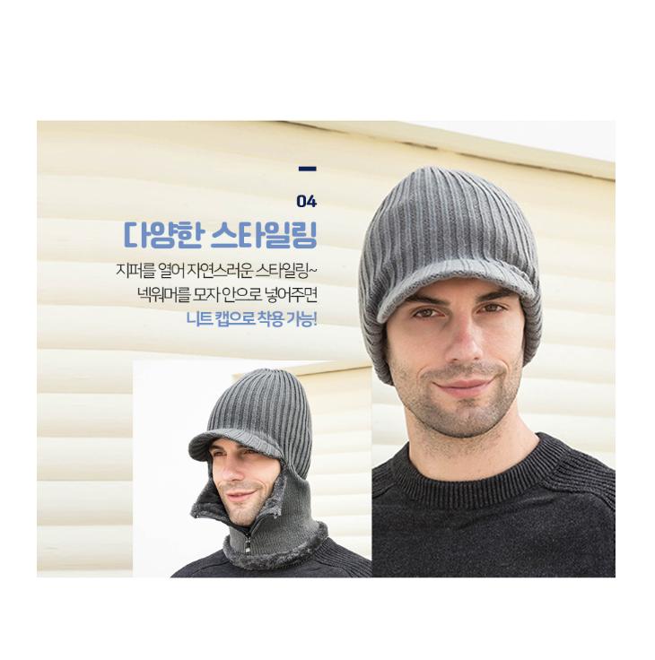 Zipper-open neck warmer brim hat (for men) (3 colors)