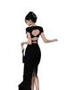 Summer New Short-sleeved Backless and Thin Hip-wrapped Split-ended Long Dress Design Sense Slim Waist Texture Black Dress