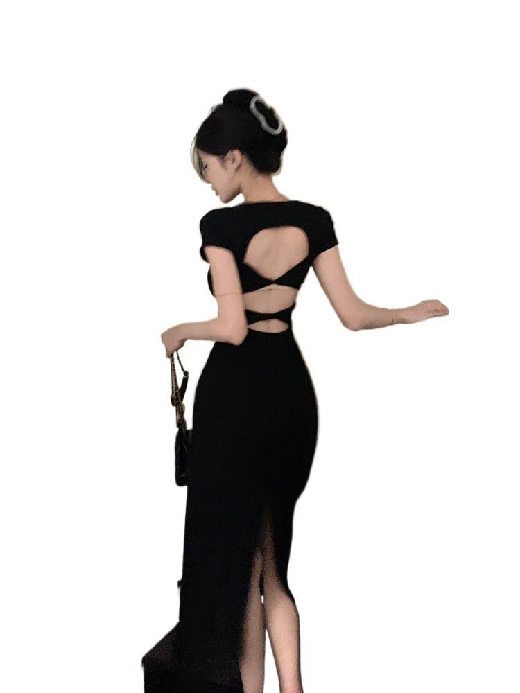 Summer New Short-sleeved Backless and Thin Hip-wrapped Split-ended Long Dress Design Sense Slim Waist Texture Black Dress