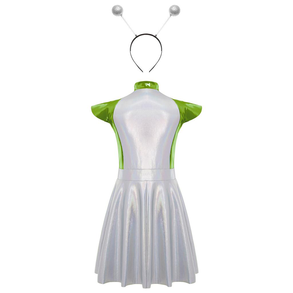 Girls Alien Costume Set Cap Sleeves High Waist Design A-Line Dress Outer Space Cutie Outfit Hair Hoop Included
