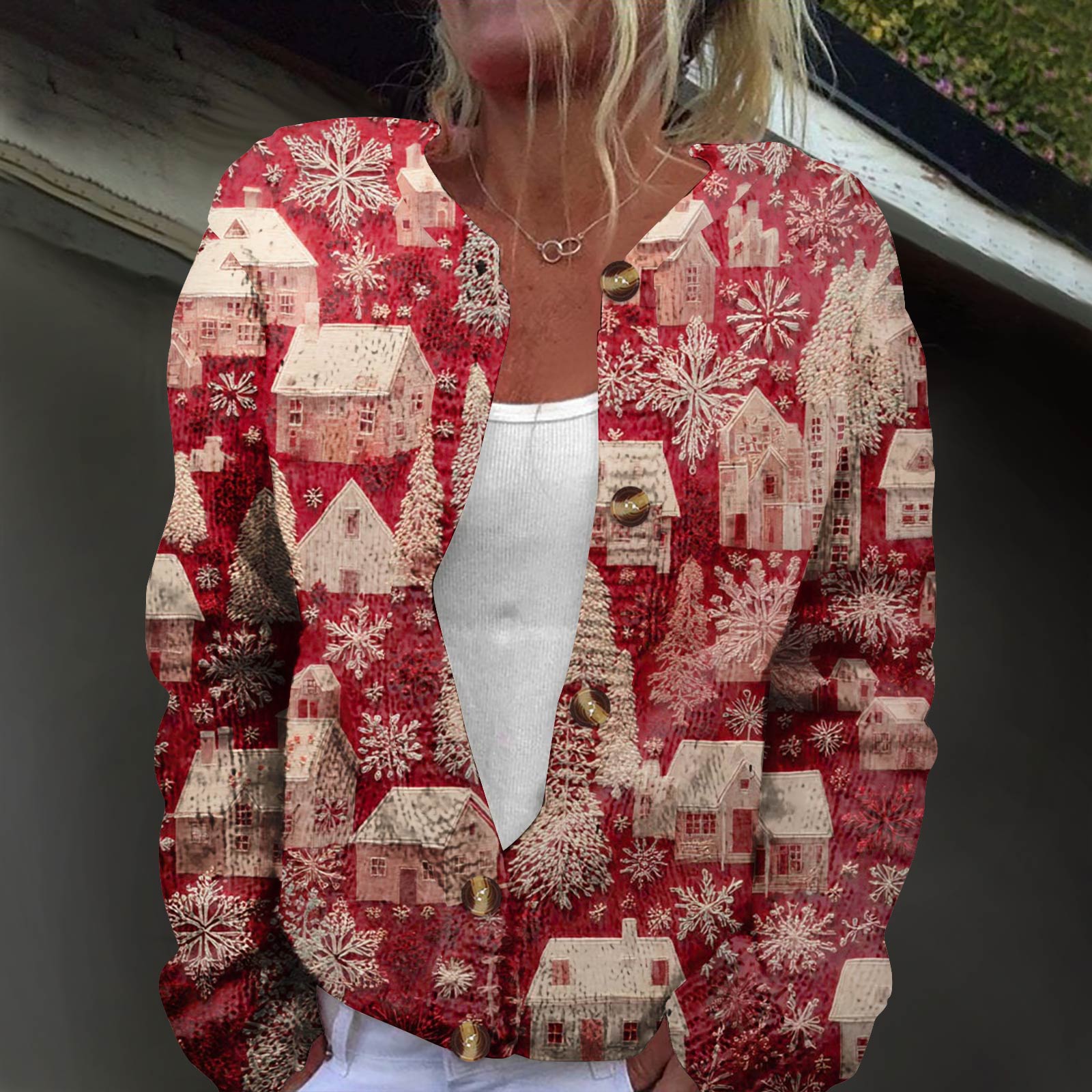 

Женская модная принтованная куртка с длинным рукавом и вязанным кардиганом на пуговицах S красный