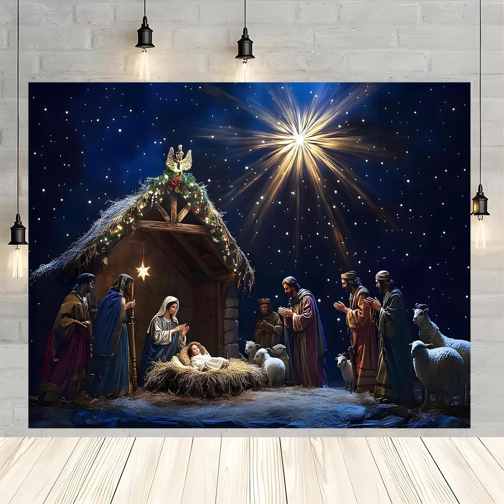 1 Piece Classic Nativity Scene Christmas Background Banner - Detailed Illustrations of Mary Joseph and Jesus