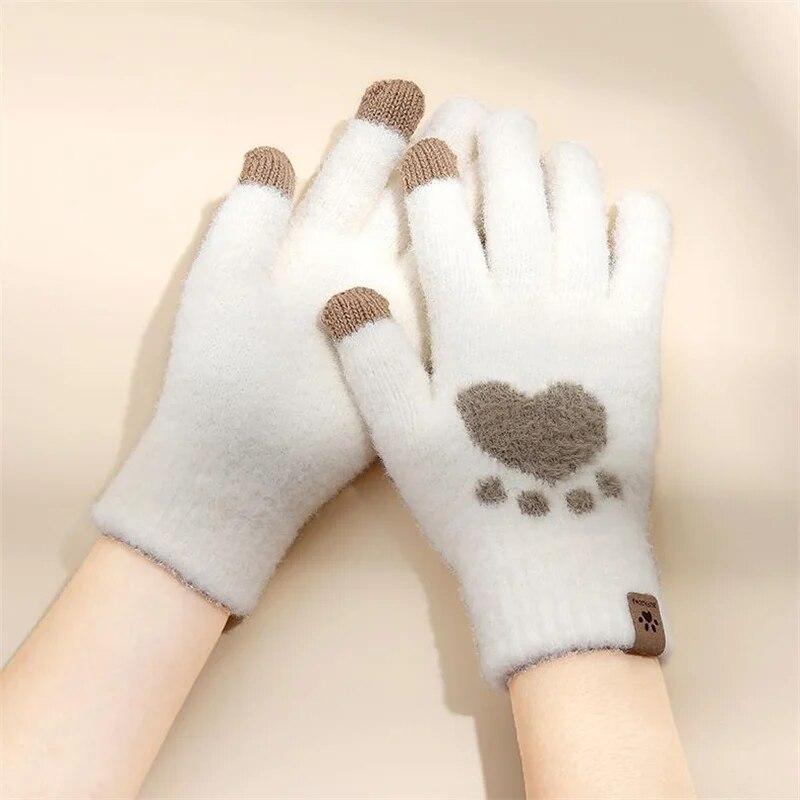 Fashion Cat Paw Printing Gloves Mobile Phone Touchscreen Knitted Gloves Winter Thick & Warm Adult Soft Fluffy Gloves Men's Women