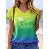 Women's V Neck Graphic T Shirt, Short Sleeve Casual Tops, Daily Look with Mixed Hues for Spring & Summer