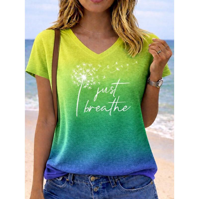 Women's V Neck Graphic T Shirt, Short Sleeve Casual Tops, Daily Look with Mixed Hues for Spring & Summer