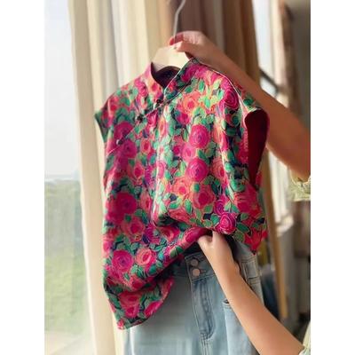 Blusa Floral China Vintage Cuello Mandarín Satén Manga Corta Botón Rana Top