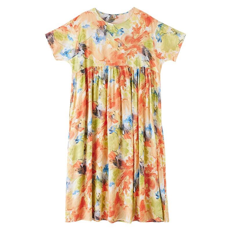 Summer New Simple Bohemian Long Dress Fattened and Enlarged Short-sleeved Crew Neck Printed Dress Women's Clothing