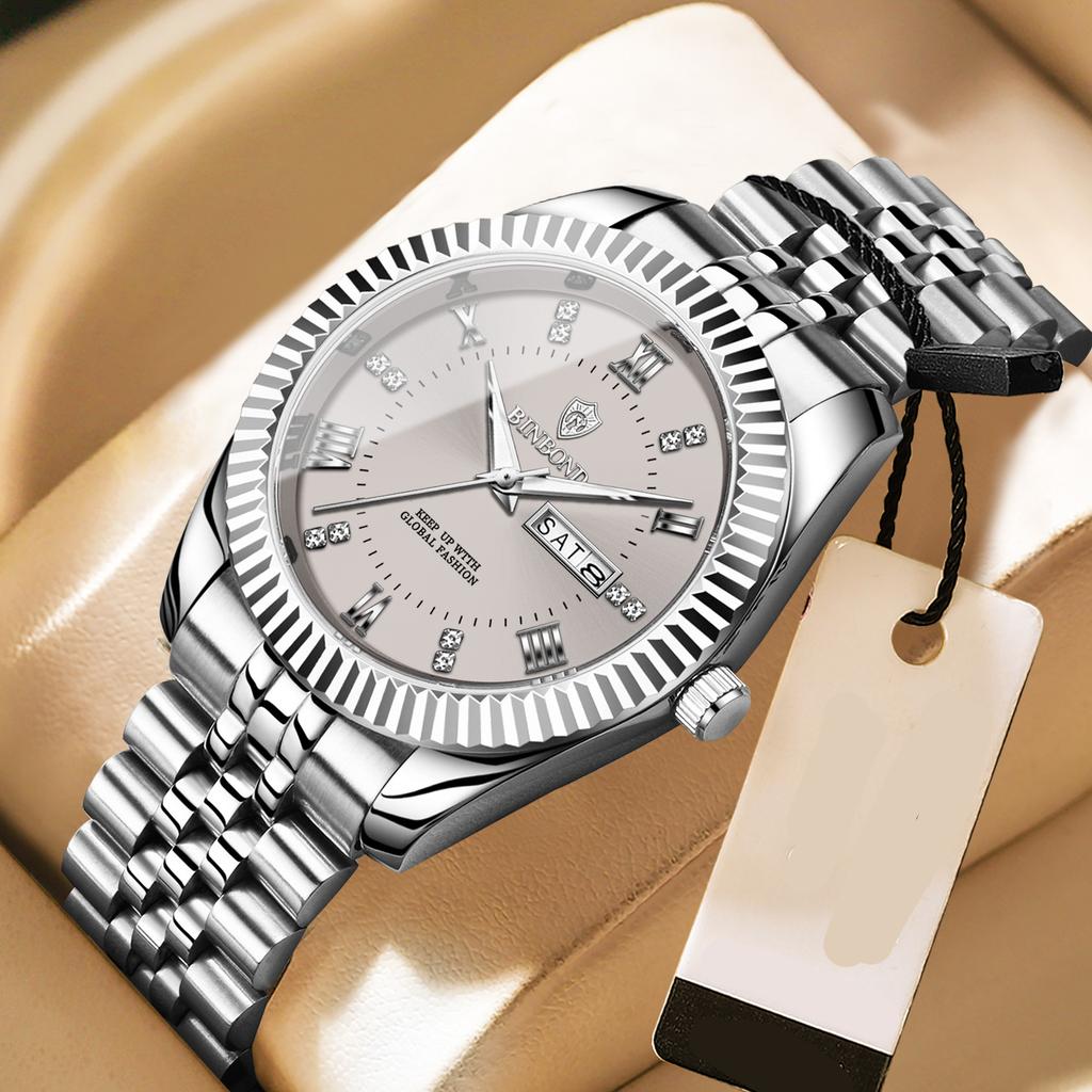Binbond B0756 0756 Men Quartz Movement Watch Stainless Steel Band Auto Date Waterproof Luminous Business Casual Male Wristwatch