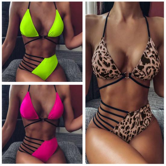 

Сексуальные женские леопардовые/сплошные трусы с высокой талией, бандажный бюстгальтер, комплект бикини, купальник M розы красного