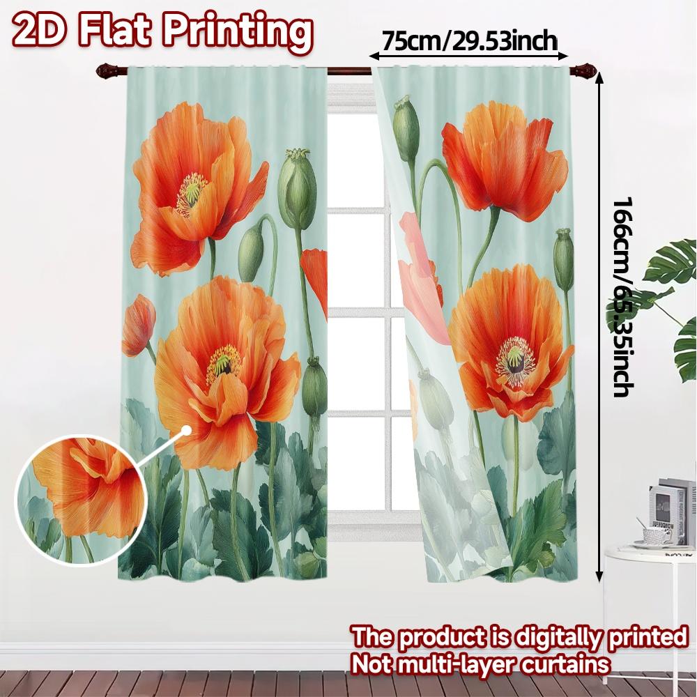 Flat Printing Curtains Without Rod Floral Poppy Design Fashionable Curtainments During Ramadan Holiday Curtain Set Of 2 Modern Made Polyester Washable