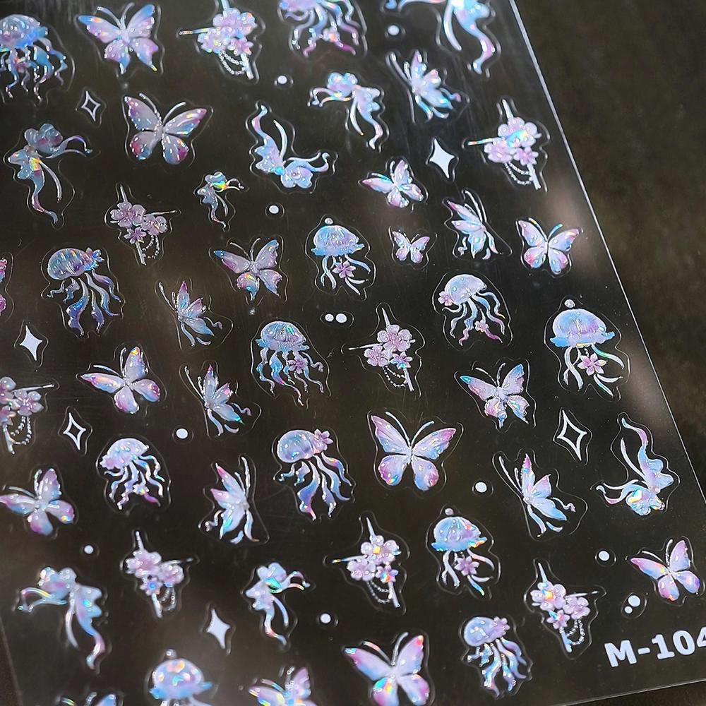1 Piece 5D Retro Colorful Hand-painted Butterfly Nail Stickers Shell Light Butterfly Rhinestone Soft Relief Nail Art Stickers