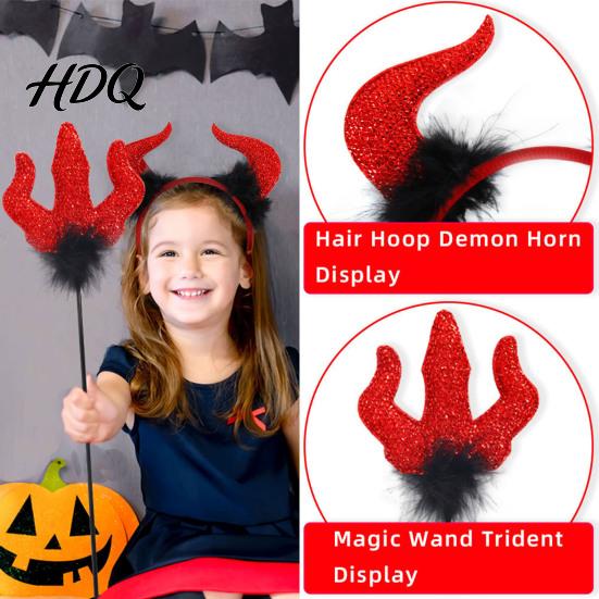 Kids Adult Party Favors Halloween Red Devil Costume, Glitter Horn Headband And Trident Prop Glittery Costume Kit for Cosplay, Masquerade Performance