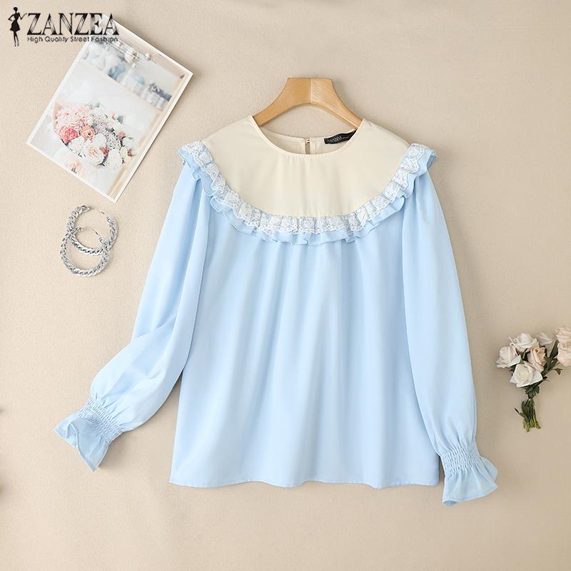 ZANZEA Women Casual Lace Patchwork Round Neck Long Sleeve Loose Blouse