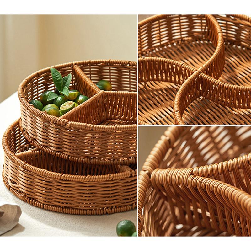 Plastic Rattan Food Fruit Tray Plate Handwoven Storage Basket Picnic Afternoon Tea Snack Plate Kitchen Compartment Tray