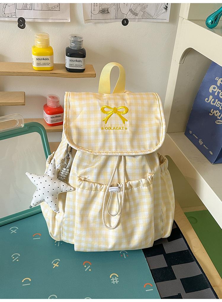 Schoolbag sea salt light blue plaid drawstring flip bag sweet milk huhu little fairy daily shopping photo backpack