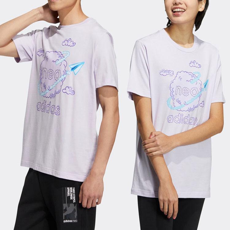 Adidas Neo Cartoon Letter Print Round Neck Short Sleeve T-Shirt Unisex T-Shirts Light-Purple HS8855