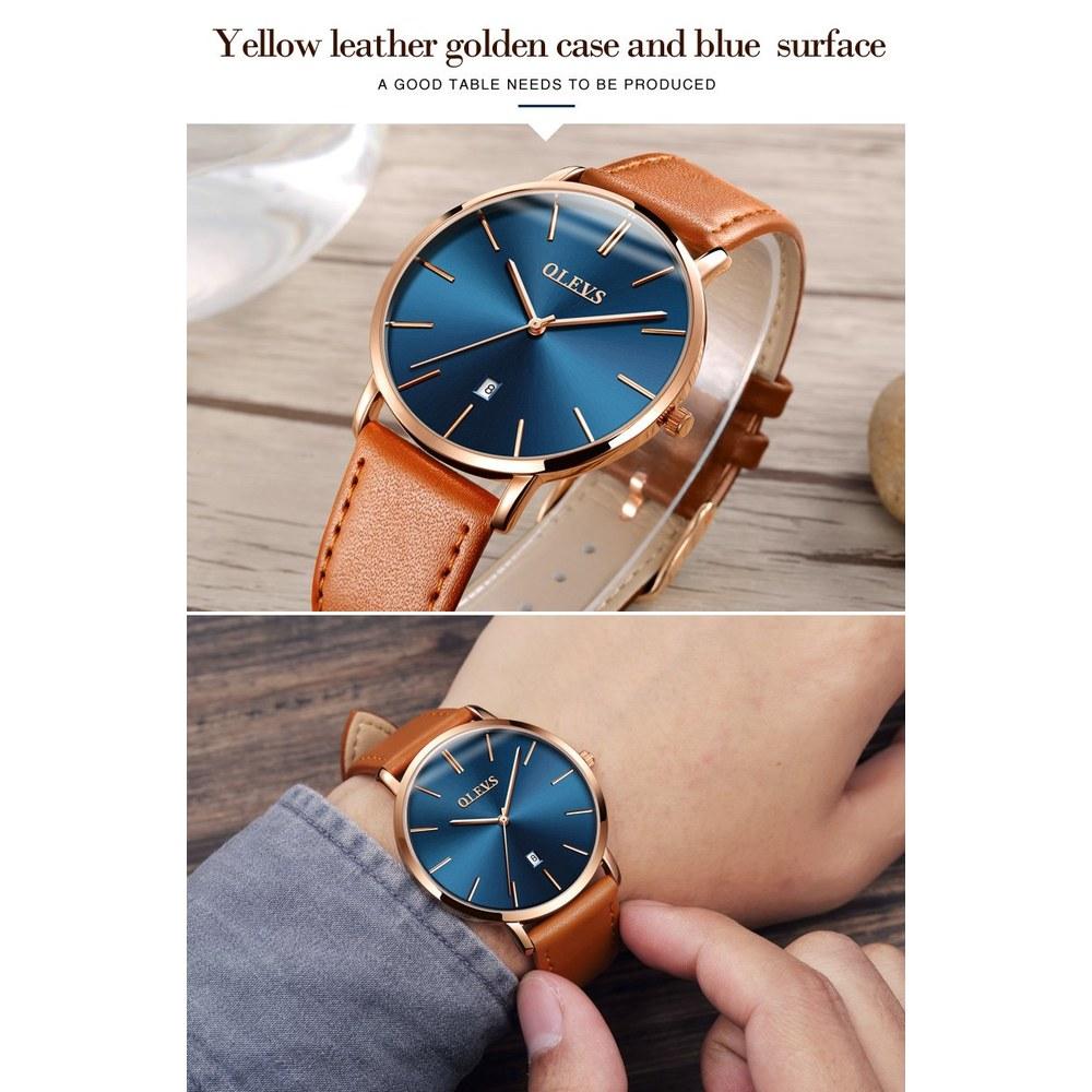 OLEVS Men's Ultra-Thin 6.5mm Steel Bezel Quartz Wristwatch Genuine Leather PU Leather Blue Black White Date Dial Waterproof Retro Orange Band Gold