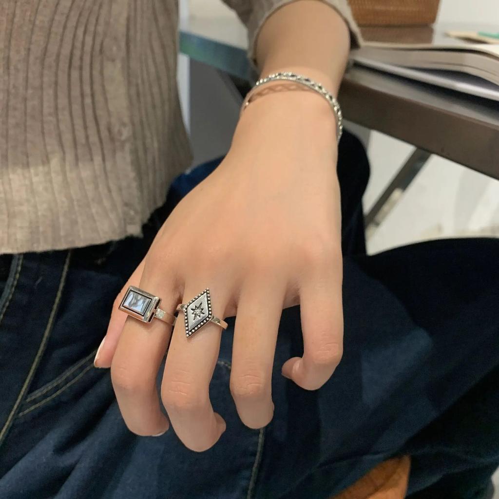 QMCOCO Personality Design Retro Simple Geometric Pattern Silver Color  Ring Woman Open Adjustable Korean New INS Trend Ring