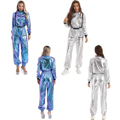 Metallic-Astronauten-Jumpsuit für Damen (Größen S-3XL), glänzender Body mit Stehkragen, langen Ärmeln und Reißverschluss, ideal für Halloween-Rollenspiele und futuristisches Cosplay.