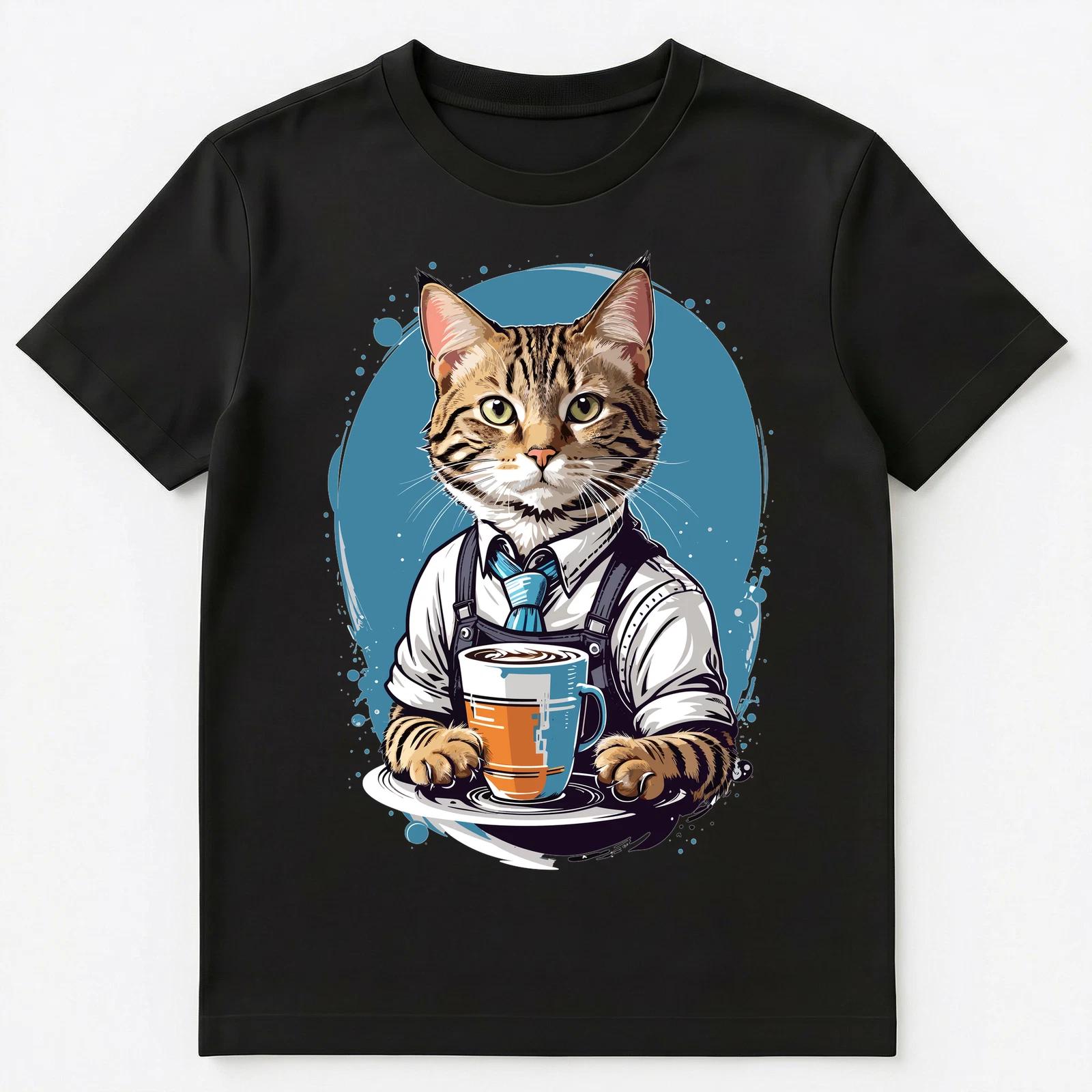 Cute Barista Cat Serving Coffee On A Tray Graphic Design Unisex T-Shirt 4XL