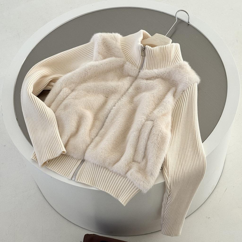 Women Short Faux Fur Winter Coat Knit Sleeve Wholesale