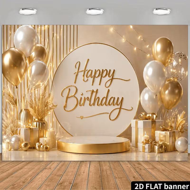 

2D Neutral Gold Happy Birthday Background Banner, Beige & Gold Balloon Backdrop for Adult Party 47.2x31.5inch/120*80cm