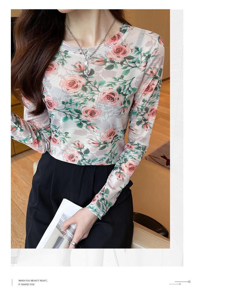 Retro Floral Print Mesh Women's Long Sleeve Sun Protection T-Shirt