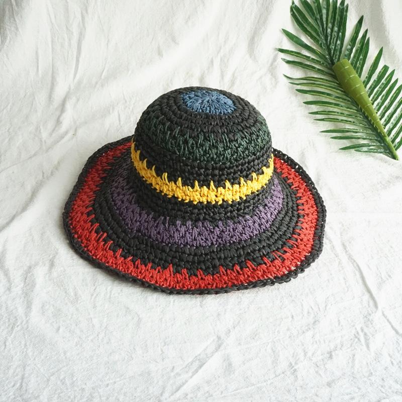 Hyunya Style Japanese Export Colorful Striped Hand-Woven Straw Hat Women'S Summer Sunshade Resort Beach