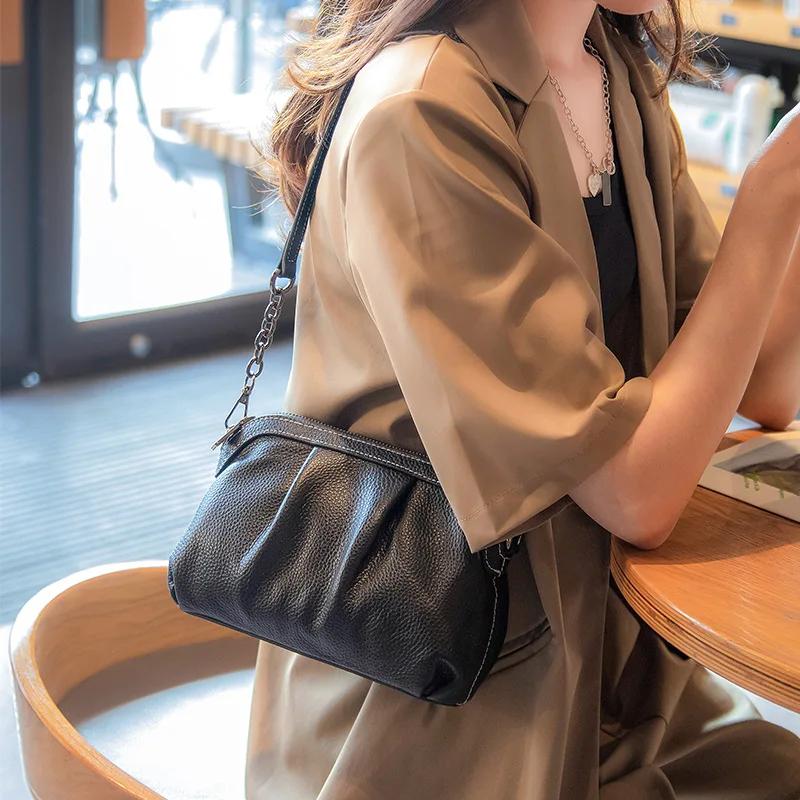 

Genuine Leather Pleated Casual Bag for Women Crossbody Cloud Purse Soft Cow Leather Lady Shoulder Bag Small Hobo Handbags 23 x 9 x 15 cm чёрный