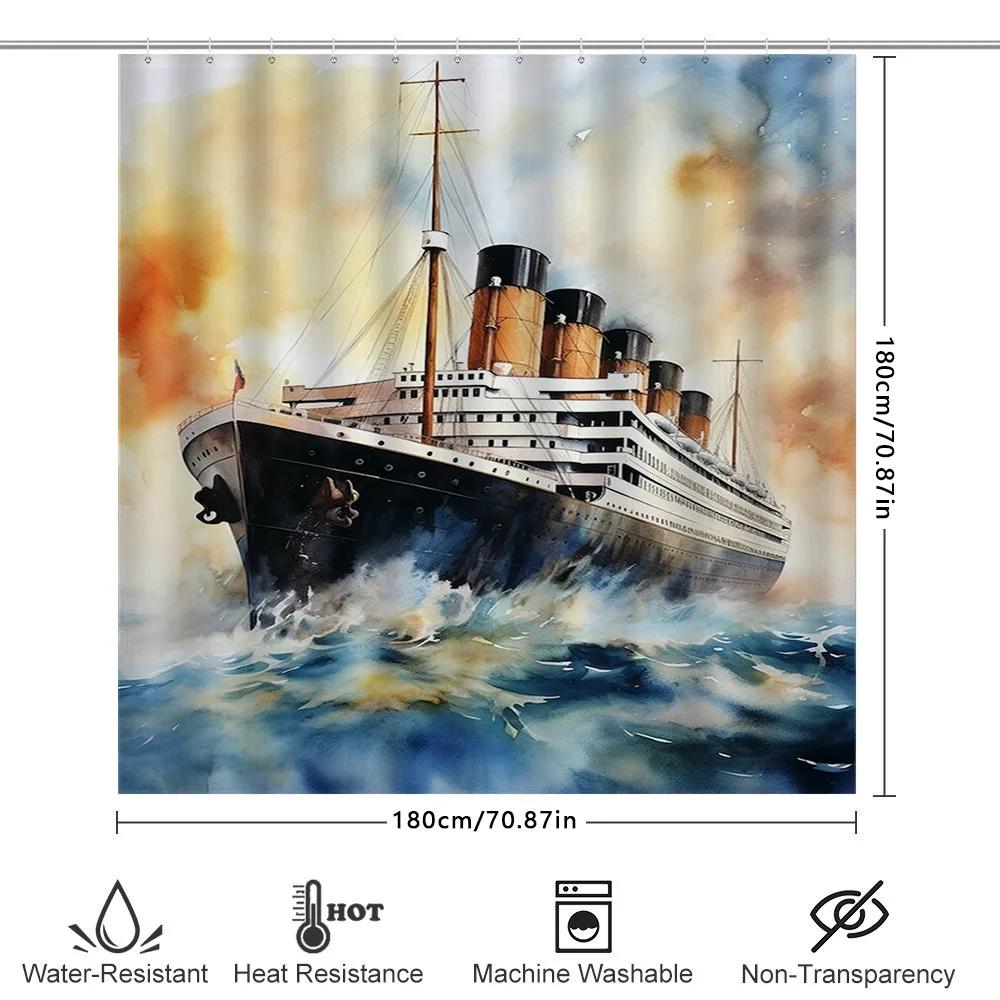 Dekorativer Duschvorhang Titanic Schiff Design Für Badezimmer Dekoration Wasserdichtes Gewebe Mit Hakenringen (Blau Weiss)