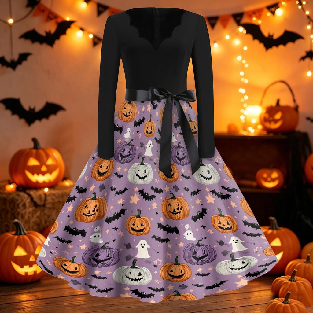 Women's Casual Halloween Print V Neck Retro Dress Long Sleeve Fit and Flare Midi Dress with Waist Tie Vintage Style
