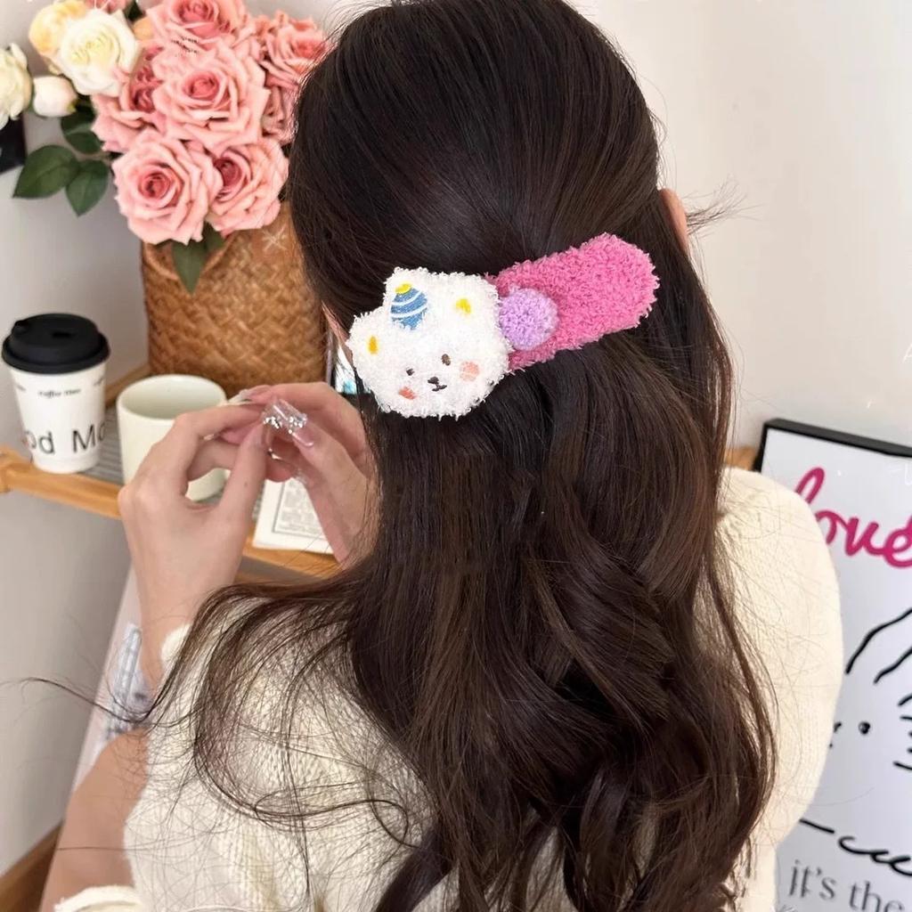 2pcs Autumn Winter Plush Teddy Bear Hair Clips - Large Duckbill Clips for Women, Cute Back Hair & Bangs Styling Accessories