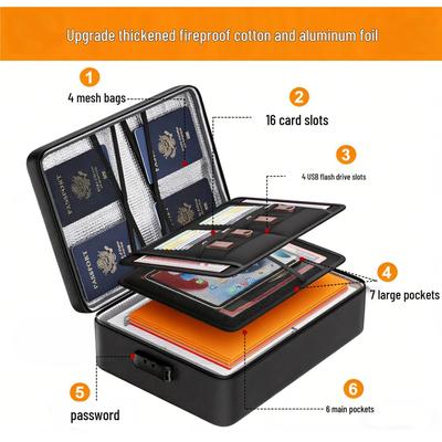 A4 Fireproof Waterproof Document Storage Box with Multi-layer Design and Password Lock - Portable Large Capacity Safe for Office and Travel