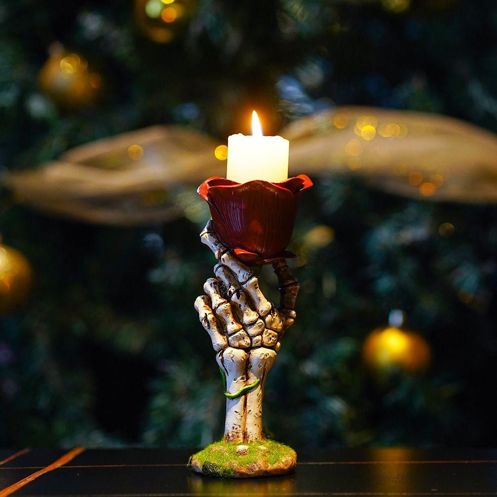 Spooky Gothic Style Skull Candle Holders Resin Skeleton Hand Skeleton Hand Ghost Festival Rose Flower Candlestick Holder Bedroom