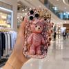 Full Rhinestone Pink Teddy Sweet Wavy Edge Phone Case For iPhone 17 16 15 14 13 12 11 8 7 Plus Pro Max Bling Bear Cover